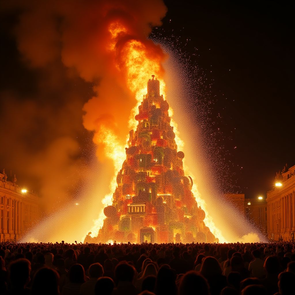 Monumento de Las Fallas en llamas